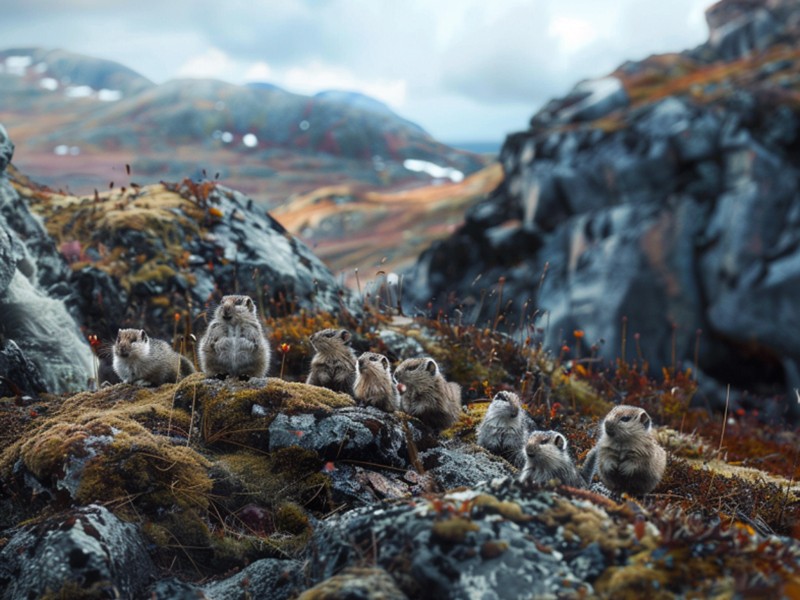 Eine Gruppe Lemminge in der norwegischen Tundra.