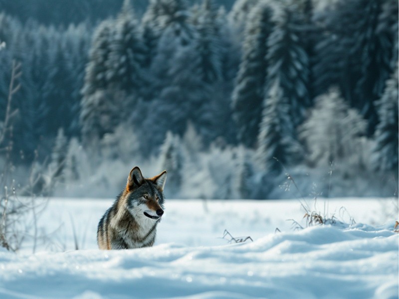 Einzelner Wolf im Schnee
